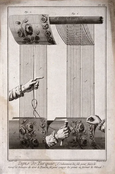 Textiles: a loom with disembodied hands weaving, the design pinned to the top beam