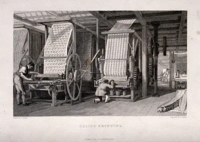 Textiles: a pair of large presses for block printing calico