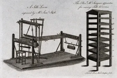 Textiles: a silk weaving loom and a frame for silkworms