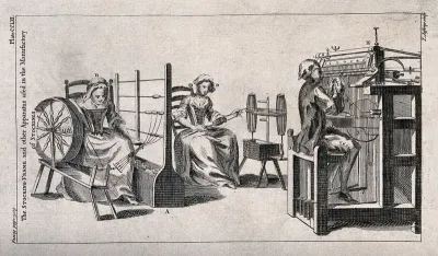 Textiles: a spinning wheel and a stocking machine