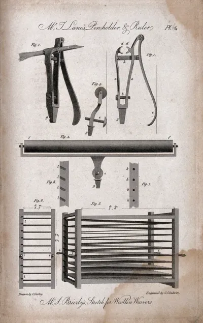 Textiles: a spring pen-holder and parallel rule (above), a rack for stretching woollen fabric (below)