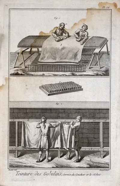 Textiles: dyeing, two workmen sponging cloth dry (top), two workmen hanging cloth out on a drying rack (below)