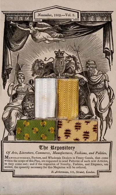 Textiles: four fabric samples mounted on a printed background