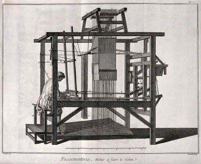 Textiles: lace making, a weaver at a loom