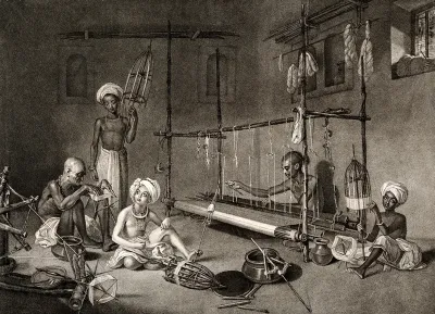 Textiles: several Indian workers spinning, and working at a loom
