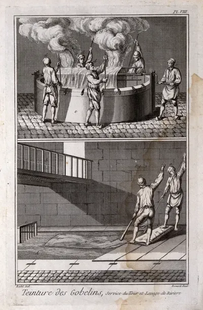 Textiles: tapestry dyeing, a vat in an interior with dyers at work (top), washing cloth in a river (below)
