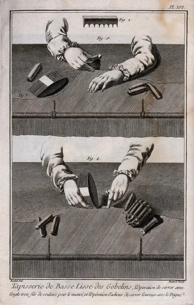 Textiles: tapestry weaving, a weaver pushing down the threads