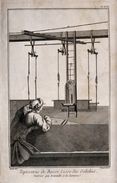 Textiles: tapestry weaving, a weaver working by the light of a candle in a reflective sconce