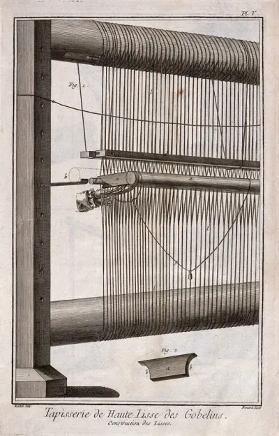 Textiles: tapestry weaving, the cords of a vertical loom