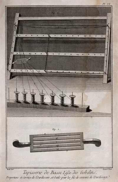 Textiles: tapestry weaving, the warp beam of a loom (top), detail of the shuttle (below)
