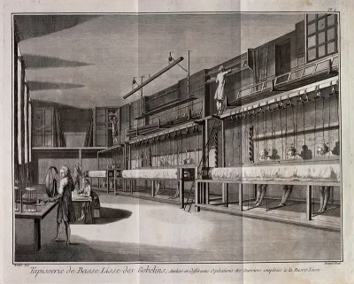 Textiles: tapestry weaving, three looms in an interior