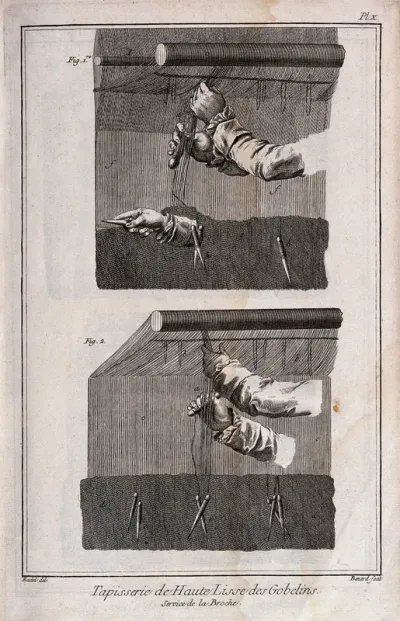 Textiles: tapestry weaving, two close-up views of hands weaving