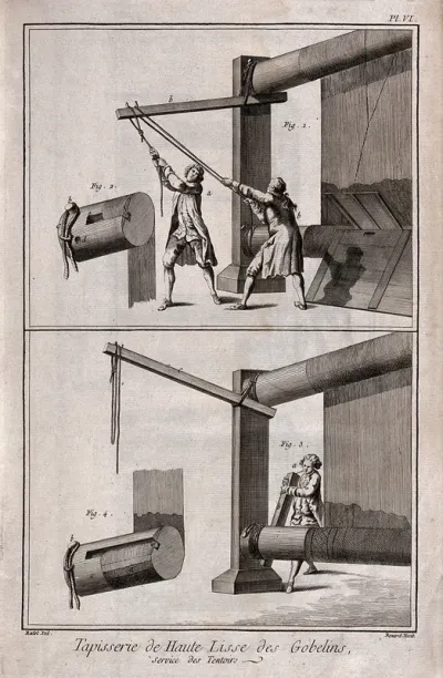 Textiles: tapestry weaving, two men tensioning a loom (top), one man tensioning a loom (below)