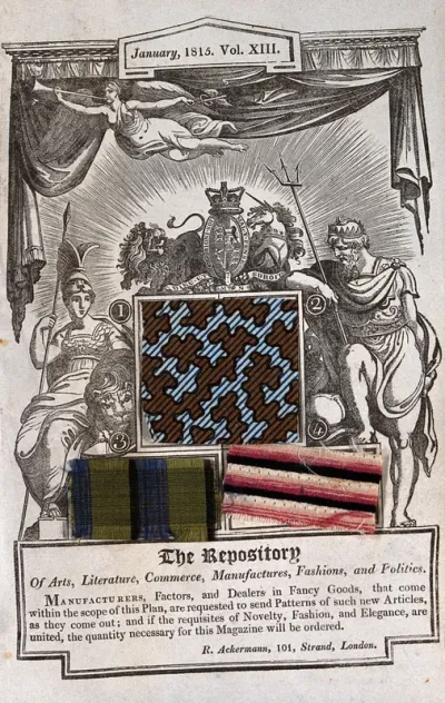 Textiles: three fabric samples mounted on a printed background