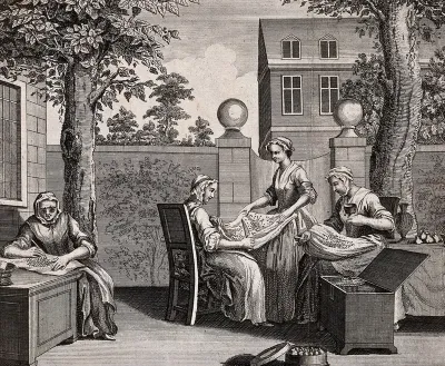 Textiles: women in a garden sorting silkworm eggs for incubation