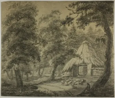 Thatched Hut in Woods with Shepherd and Sheep