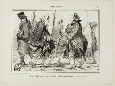 “- That's quite alright... isn't asphalt a marvellous invention?,” plate 1 from Paris L'hiver