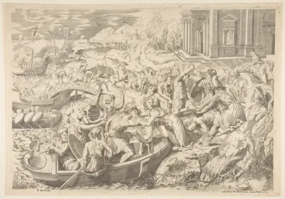 The Abduction of Helen; battle scene on shore with two men pulling Helen into a boat at center