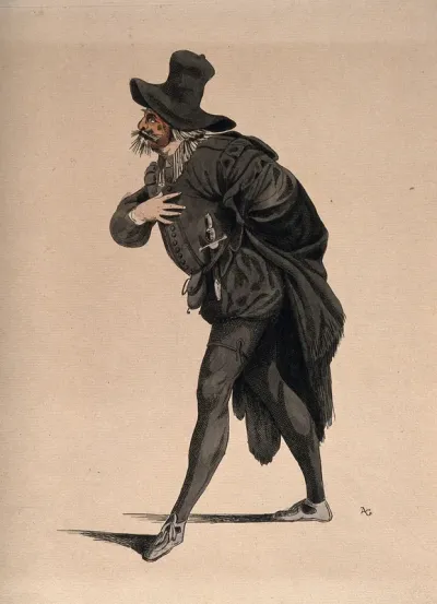 The actor Guillot-Gorju in character as Scaramouche, in a theatrical caricature of a doctor