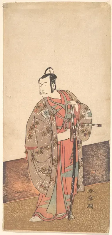 The Actor Ichikawa Danjuro V standing inside of a house and in front of an engawa