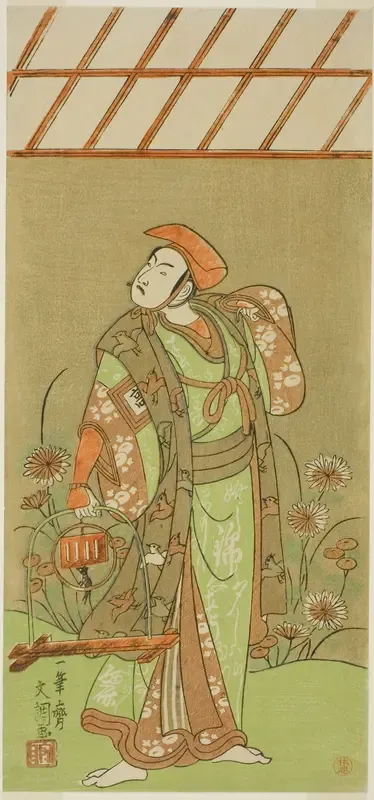 The Actor Ichikawa Komazo II as Soga no Juro Sukenari Disguised as a Fox Trapper in the Play Kagami-ga-ike Omokage Soga, Performed at the Nakamura Theater in the First Month, 1770