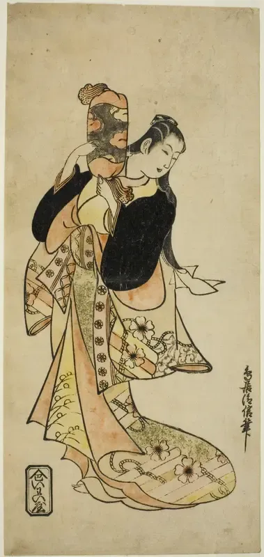 The Actor Ichikawa Monnosuke I as Oiso no Tora in the play "Nigiwai Suehiro Soga," performed at the Morita Theater in the first month, 1721 (?)