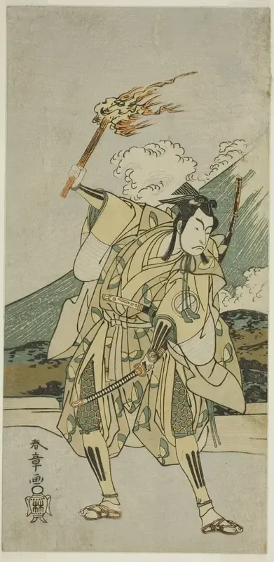 The Actor Ichikawa Monnosuke II as Soga no Goro Tokimune in the Play Haru wa Soga Akebono-zoshi (?), Performed at the Nakamura Theater (?) in the First Month, 1772 (?)