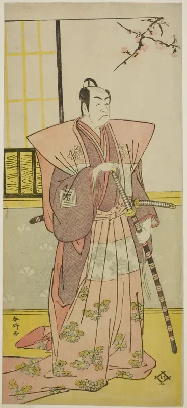 The Actor Ichikawa Omezo I as Koyurugi Motomenosuke (?) in the Play Haru no Nishiki Date-zome Soga (?), Performed at the Nakamura Theater (?) in the First Month, 1790 (?)