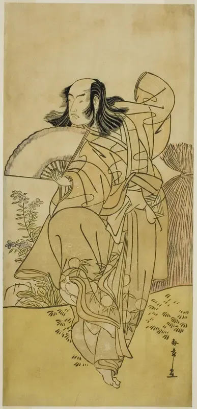 The Actor Ichikawa Yaozo III as Kusunoki Uraminosuke Disguised as a Male Fox from Tsukamoto (?), in the Play Kumoi no Hana Yoshino no Wakamusha (?), Performed at the Nakamura Theater (?) in the Eleventh Month, 1786 (?)