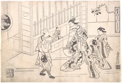 The Actor Ichimura Takenojo VIII in the Role of a Puppeteer, showing Puppets to a Courtesan
