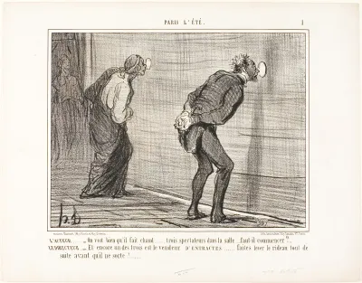 The Actor: “- It's obvious that it is hot out there... only three spectators in the audience... should we really start?” The Director: “- And one of them is the refreshments vendor ... quickly raise the curtain before he has a chance to leave,” plate