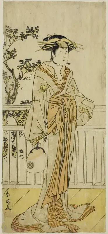 The Actor Iwai Hanshiro IV as Okumi of the Mieido Fan Shop (?) in the Play Sanjuk-koku Yobune no Hajimari (?), Performed at the Ichimura Theater (?) in the Fifth Month, 1789 (?)