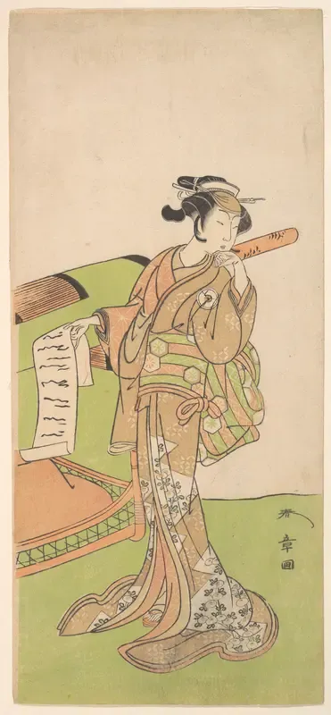 The Actor Iwai Hanshiro IV in Female Role, Standing Beside a Litter