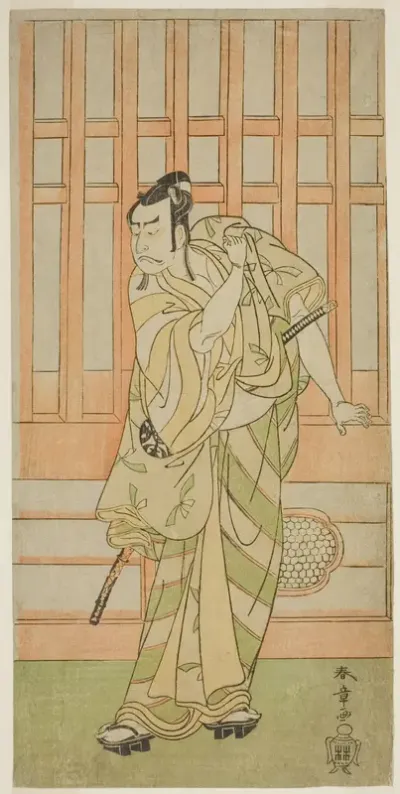 The Actor Nakamura Nakazo I as Kudo Saemon Suketsune (?) in the Play Sakai-cho Soga Nendaiki (?), Performed at the Nakamura Theater (?) in the First Month, 1771 (?)