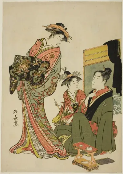 The Actor Nakamura Riko with a courtesan, from an untitled series of aiban prints depicting Actors in private life