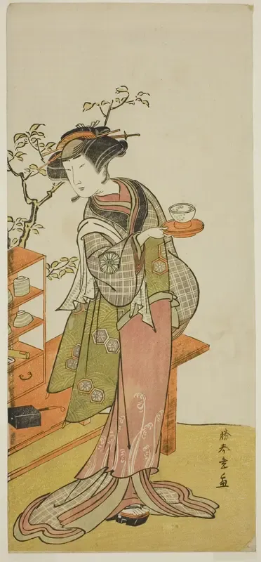 The Actor Nakamura Tomijuro I as the Waitress Otake in the Play Chigo Suzuri Aoyagi Soga, Performed at the Nakamura Theater in the First Month, 1777