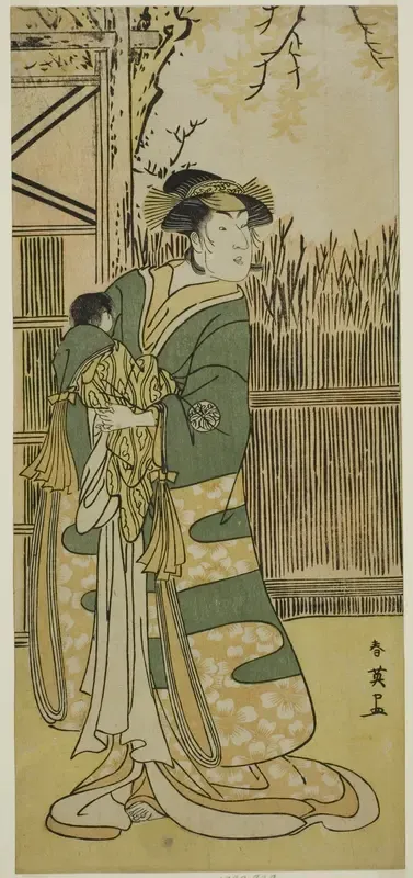 The Actor Nakayama Tomisaburo I as Lady Tokiwa (Tokiwa Gozen) (?) in the Play Kimmenuki Genke no Kakutsuba (?), Performed at the Ichimura Theater (?) in the Eleventh Month, 1791 (?)