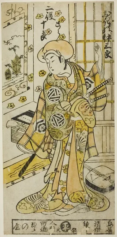 The Actor Ogino Isaburo I in two roles, Tora and Soga no Juro, in the play "Juhakko Imayo Soga," performed at the Nakamura Theater in the first month, 1734