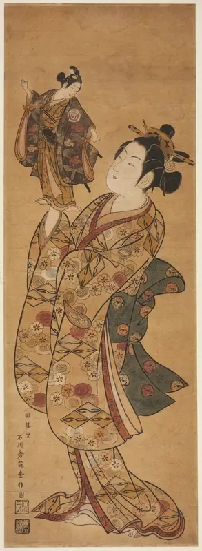 The Actor Onoe Kikugoro I holding a puppet of the Actor Sanogawa Ichimatsu I