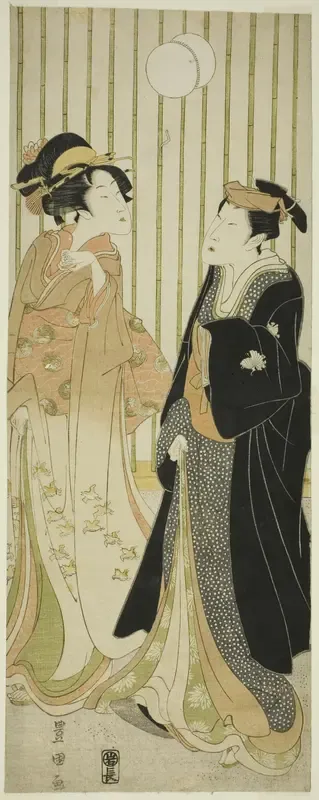 The actor Segawa Kikunojo and a young woman kicking a ball