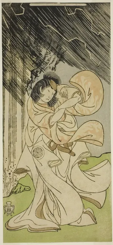 The Actor Yamashita Kinsaku II as a Thunder Goddess in the Play Onna Narukami, Performed at the Morita Theater in the First Month, 1770