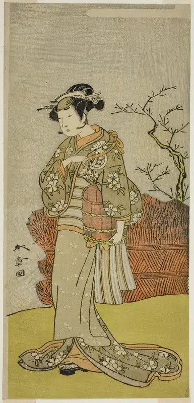 The Actor Yamashita Kinsaku II as Osaku (?) in the Play Onna Aruji Hatsuyuki no Sekai, Performed at the Morita Theater in the Eleventh Month, 1773