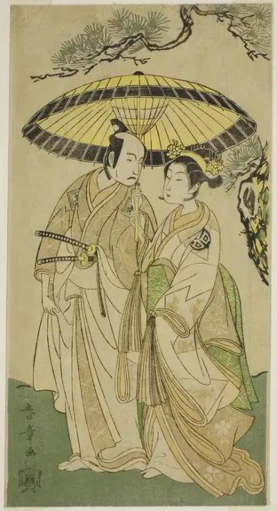 The Actors Arashi Hinaji I (right), and Ichikawa Komazo II (left), as Princess Sakura (Sakura Hime) (?) and Shimizu Tonoinosuke (?), in the Play Soga Moyo Aigo no Wakamatsu (?), Performed at the Nakamura Theater (?) in the Third Month, 1769 (?)