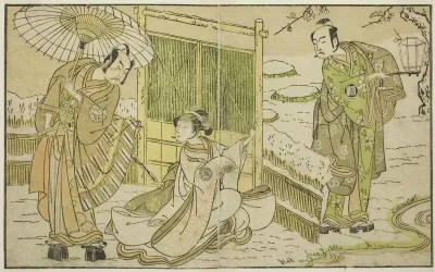 The Actors Arashi Sangoro II as Minamoto no Yoritomo (right), Segawa Kikunojo II as Yuki Onna (center), and Ichimura Uzaemon IX as Kajiwara Genta no Kagetoki, in the Play Myoto-giku Izu no Kisewata, Performed at the Ichimura Theater in the Eleventh M