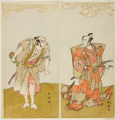 The Actors Bando Mitsugoro I as Hata no Kawakatsu (right), and Otani Hiroemon III as the Manservant (Yakko) Gansuke (left), in the Play Miya-bashira Iwao no Butai (Shrine Pillars on a Stone Base), Performed at the Morita Theater from the Fifteenth Da
