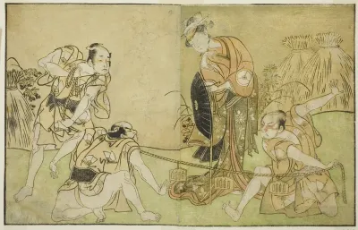 The Actors Bando Zenji I as Nagahashi Saburo, Iwai Hanshiro IV as Otatsu-gitsune, Nakamura Konozo as Hagai Ujitsune, and an Unidentified Actor (right to left), in the Play Nue no Mori Ichiyo no Mato, Performed at the Nakamura Theater in the Eleventh 