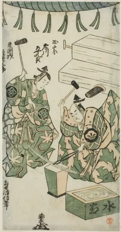 The Actors Fujikawa Heikuro as Masamune and Matsushima Kichisaburo as Rai Kunitsugu in the play "Shin Usuyuki Monogatari," performed at the Nakamura Theater in the sixth month, 1746