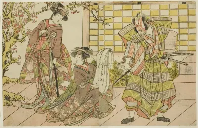 The Actors Ichikawa Danjuro V as Miura Kunitae (right), Segawa Kikunojo III as Yasukata (center), and Iwai Hanshiro IV as Utou (left), in the Play Godai Genji Mitsugi no Furisode, Performed at the Nakamura Theater in the Eleventh Month, 1782