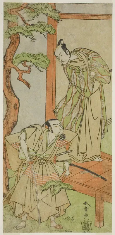 The Actors Ichikawa Danjuro V as Momonoi Wakasanosuke (right), and Nakamura Nakazo I as Kakogawa Honzo (left), in the Play Kanadehon Chushingura, Performed at the Nakamura Theater in the Fifth Month, 1771