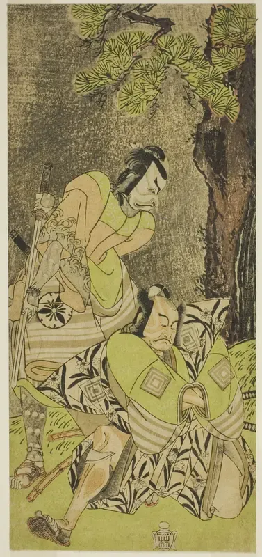 The Actors Ichikawa Danzo III as I no Hayata Tadazumi (right), and Matsumoto Koshiro II as Osada no Taro Kagemune (left), in the Play Nue no Mori Ichiyo no Mato, Performed at the Nakamura Theater in the Eleventh Month, 1770